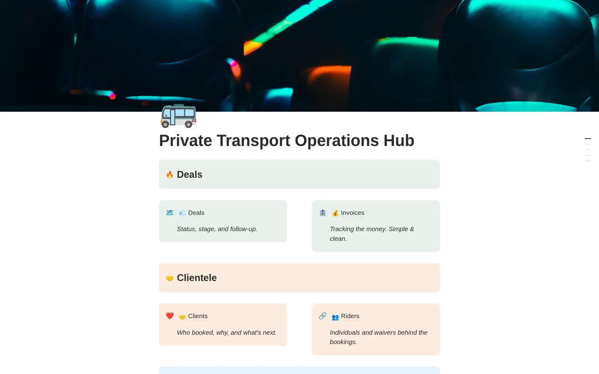 Private Transport Ops Hub Notion workspace dashboard