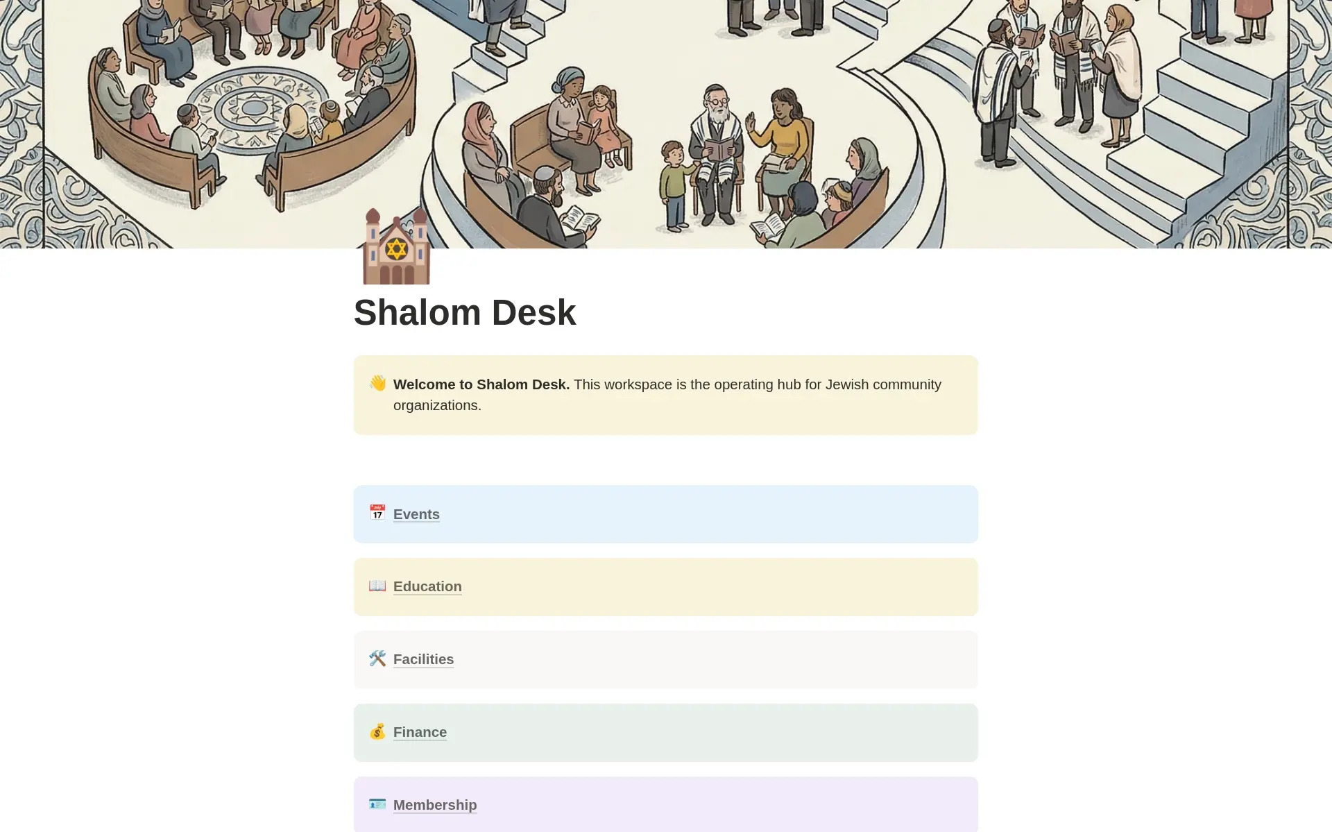 Shalom Desk Notion workspace dashboard